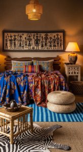 African Bohemian Bedroom Decor with Colorful Tribal Textiles & Handcrafted Wooden Furniture