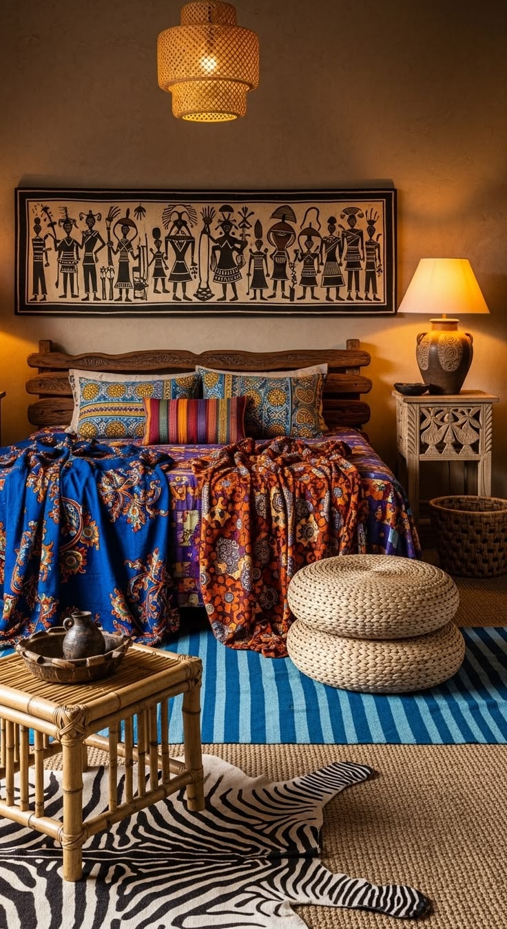 African Bohemian Bedroom Decor with Colorful Tribal Textiles & Handcrafted Wooden Furniture
