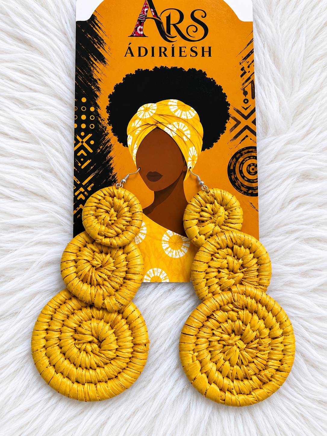 Yellow Triple Spiral Handwoven African Statement Earrings